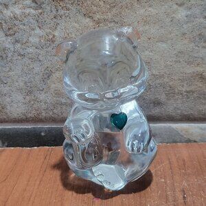 VTG Fenton Clear Glass Teddy Bear Paper Weight Art Glass Figurine Green Heart